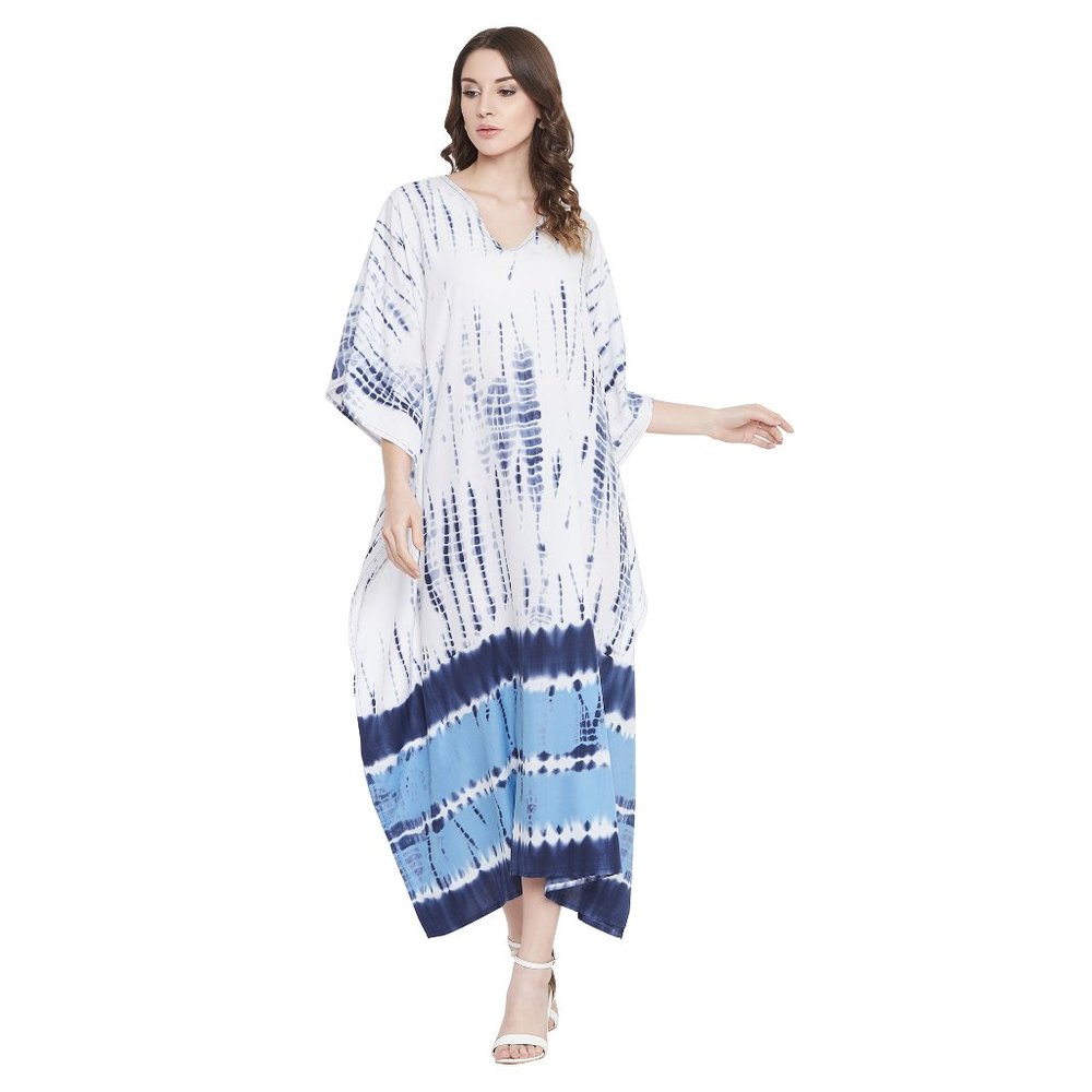 Women White & Blue Polyester Caftan Maxi Dress Stylish Mumu Cover Up Dresses - Picture 4 of 10